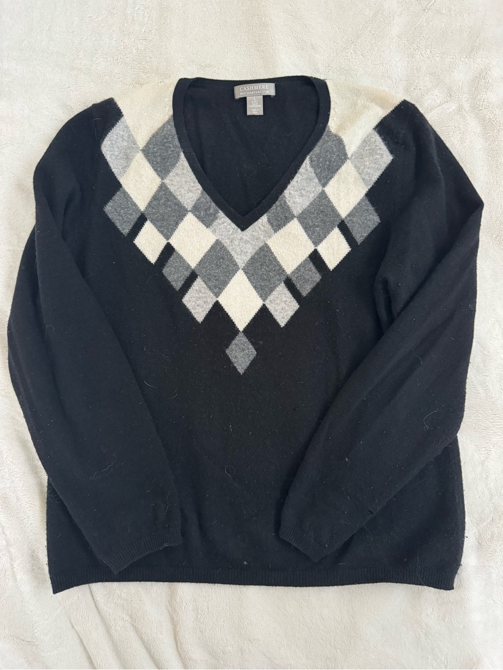 Charter Club Black V-Neck Argyle 100% Cashmere Sweater